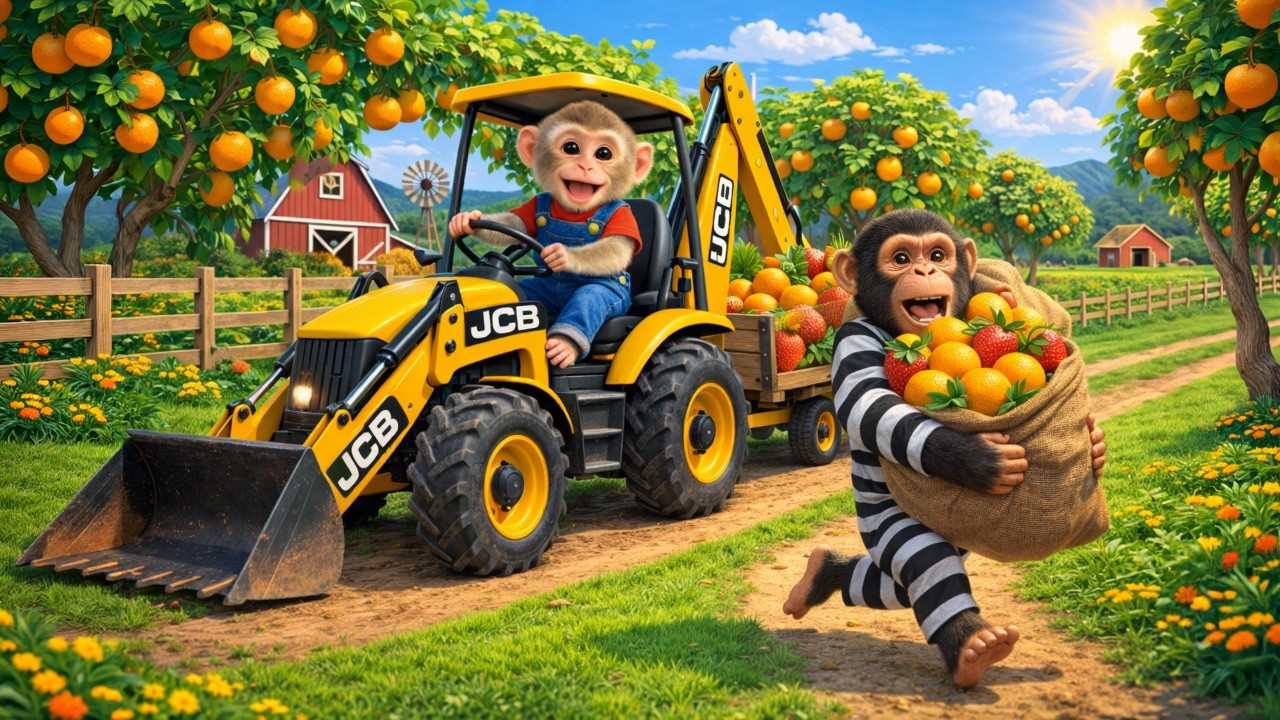 Monkey Farmer Drives JCB Tractor While Harvesting Oranges and Strawberries Then Stops a Sneaky Thief