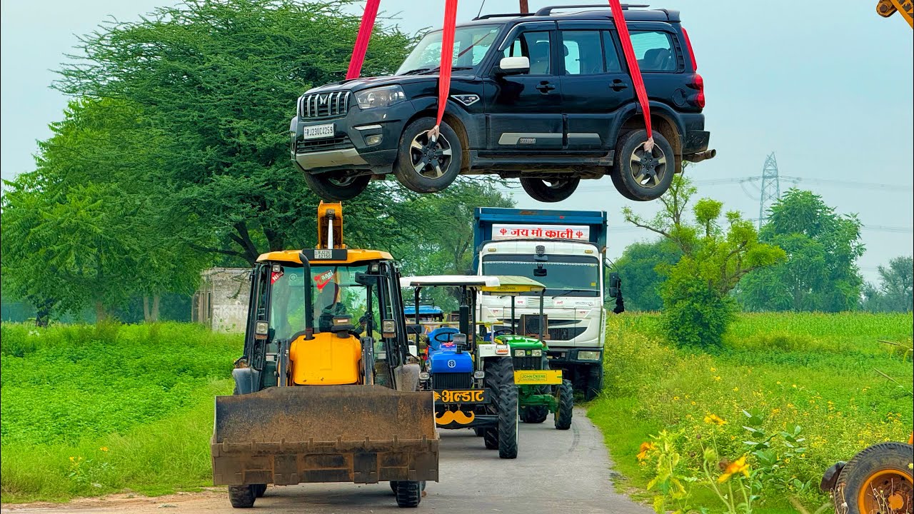Jcb 3dx loading Mud in TATA Tippers Tractors Swaraj 855 New Holland 3630 4x4 Tractor Scorpio Truck 