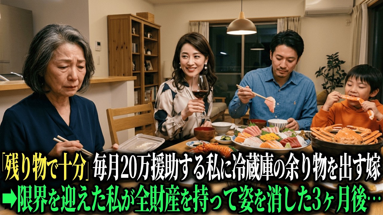 「残り物があるだけマシでしょ」月20万円援助する私に、毎晩冷蔵庫の余り物を出す嫁。黙って全財産を持って消えた3ヵ月後・・・【シニアのスカッと朗読】【老後の知恵】