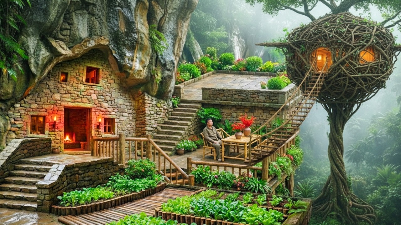 Building My Ultimate Rainforest Survival Base | Hidden Stone & Tree Nest Shelter
