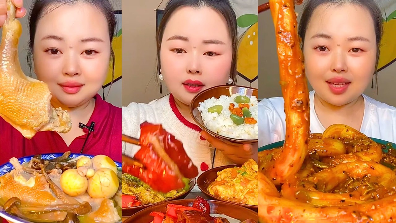 Braised Chicken, Pork Belly Rice Bowl and Spicy Pork Intestine