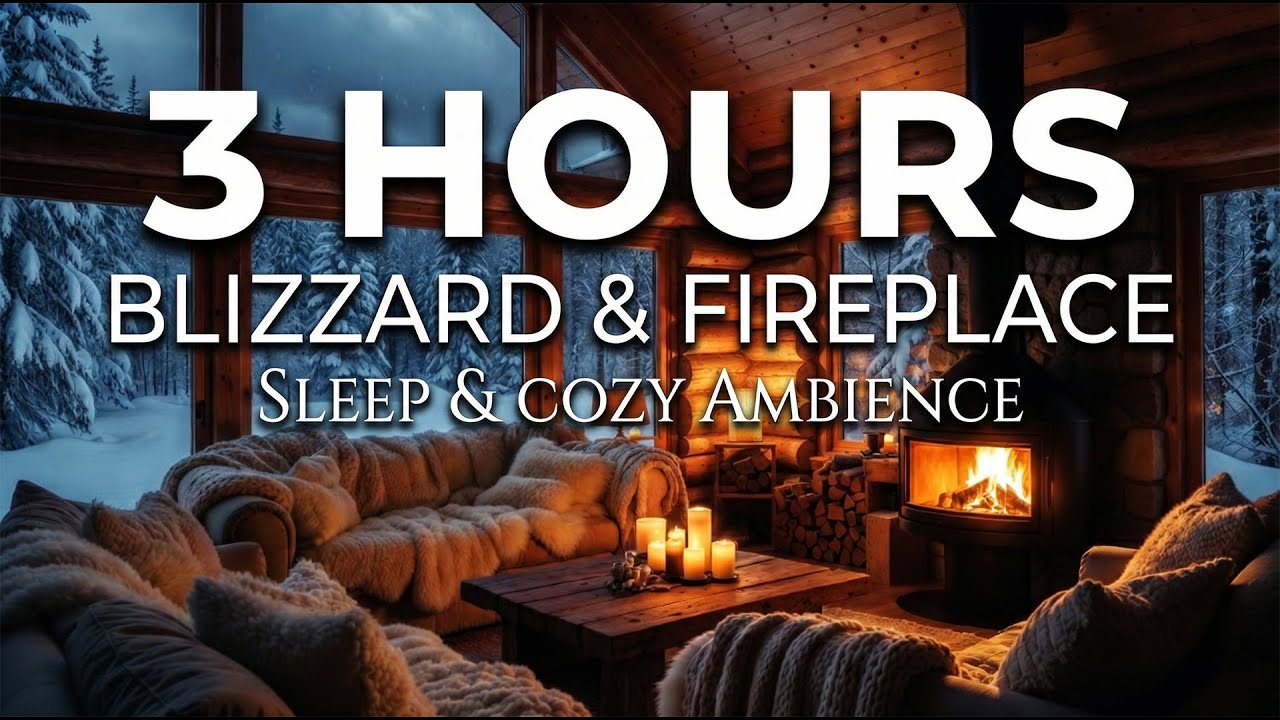 3 Hours of Cozy Winter Blizzard & Roaring Fireplace | Warm Cabin Ambience for Sleep & Study