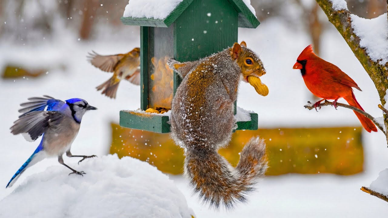 🔴 LIVE Snowfall Cottage Bird Feeder Cam ❄️ Juncos, Cardinals & Squirrels Cat TV & Sleep