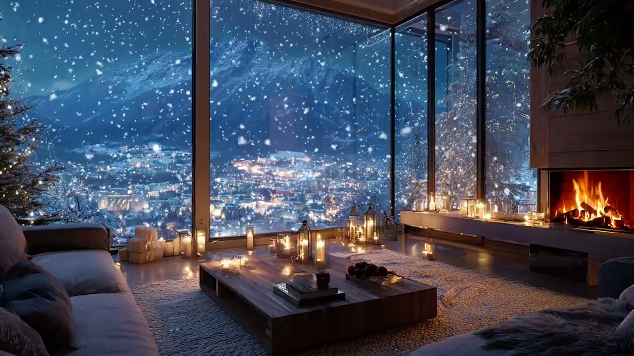 Serene Winter Cabin Piano Nightscape | Fireplace Glow for Deep Calm