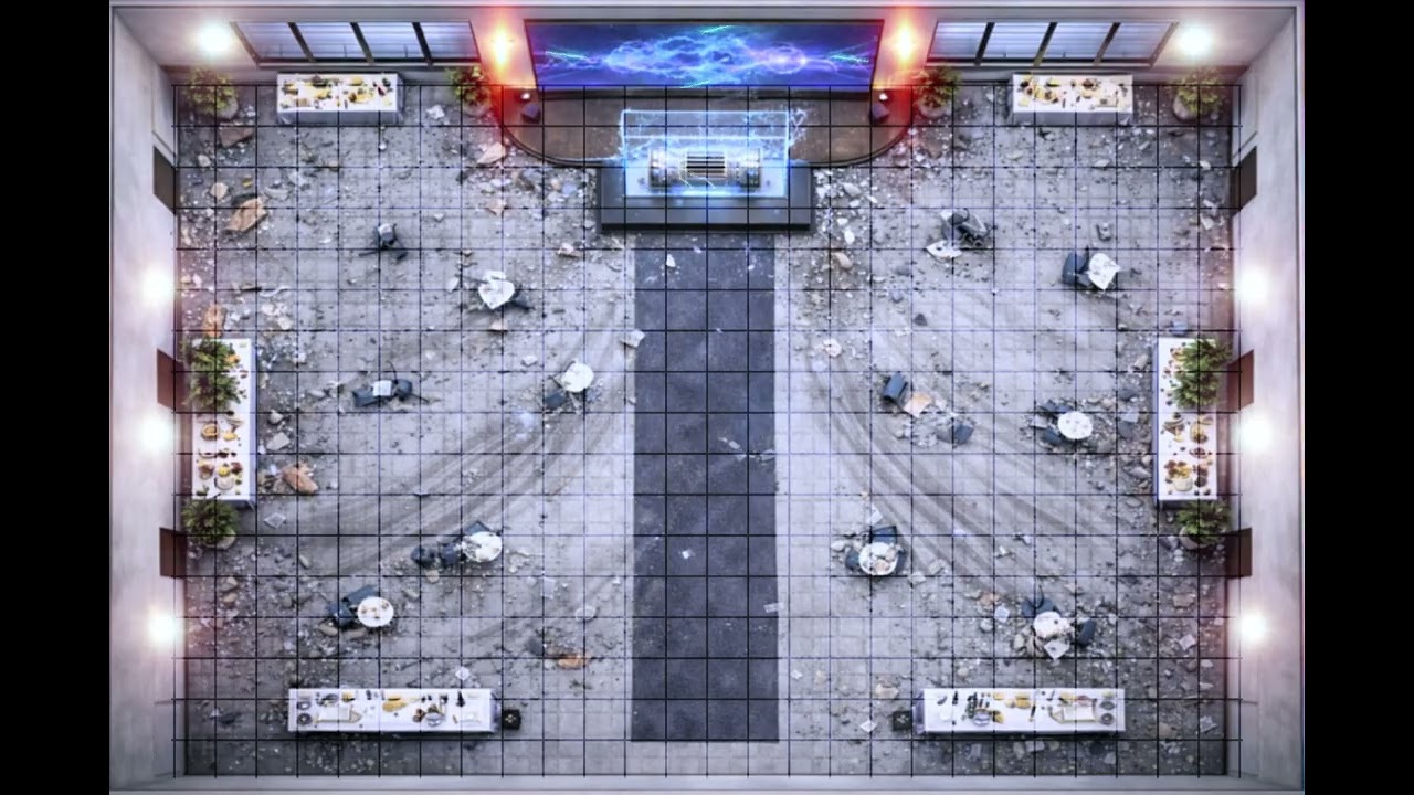 Modern Event Hall Aftermath Battle Map | 1 Hour Seamless Loop | Grid | VTT