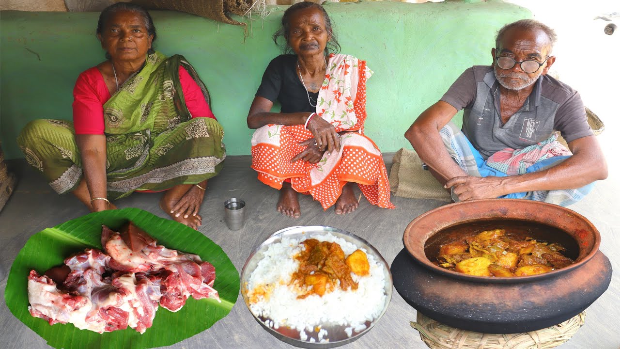 Cooking and Eating Mutton Lunch Thali Prepared by Tribal Old Sibling | Spicy Claypot Mutton Curry