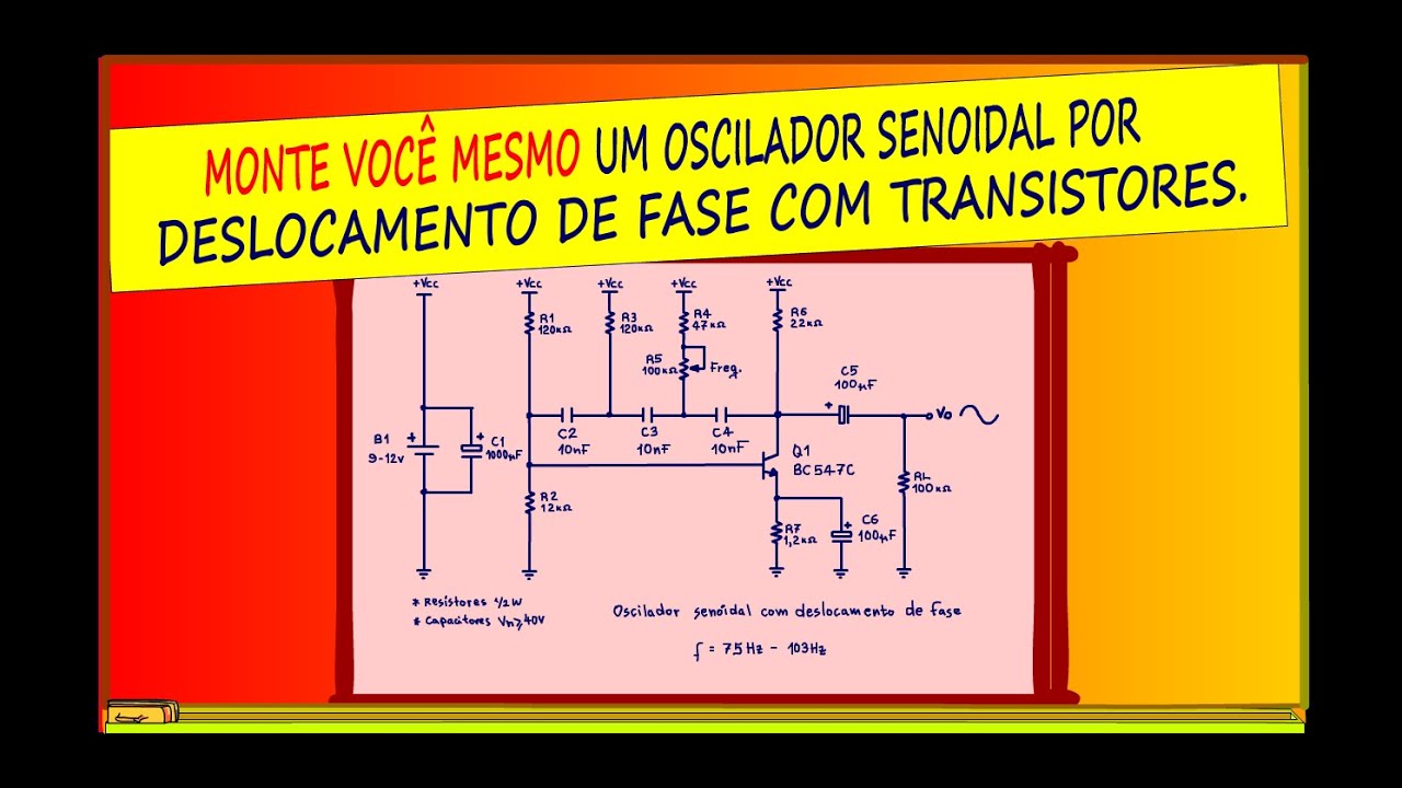 Oscilador senoidal por deslocamento de fase com transistores.