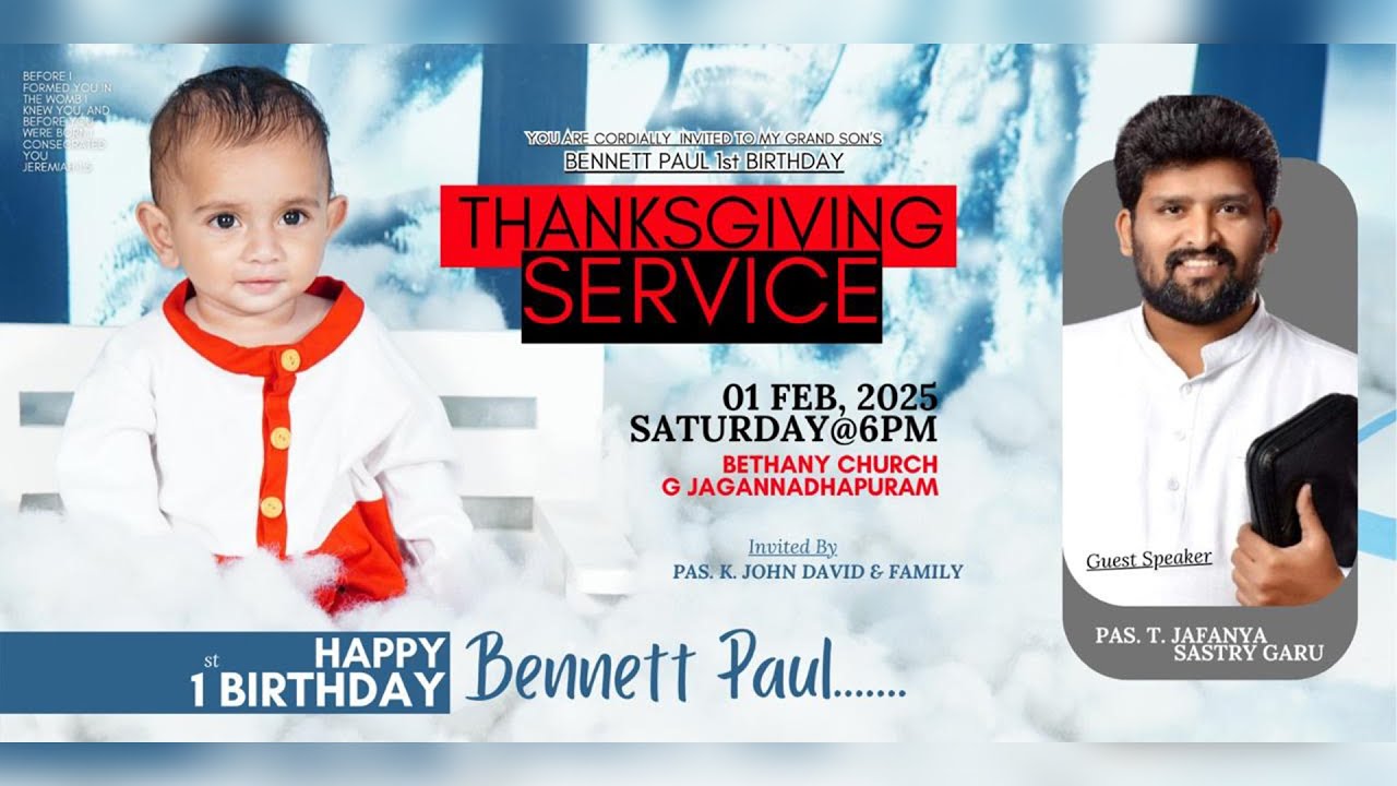 Bennett Paul's 1st Birthday Celebrations | Thanks Giving Service | Pas. Jafanya Sastry Garu