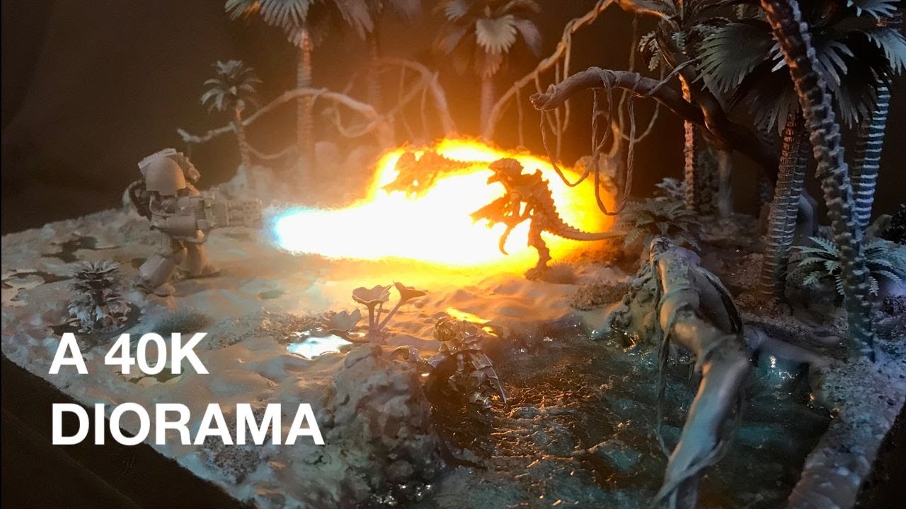 Space Marines vs Tyranids : a Terminator Roasts Termagants in Jungle at Night Warhammer 40k Diorama