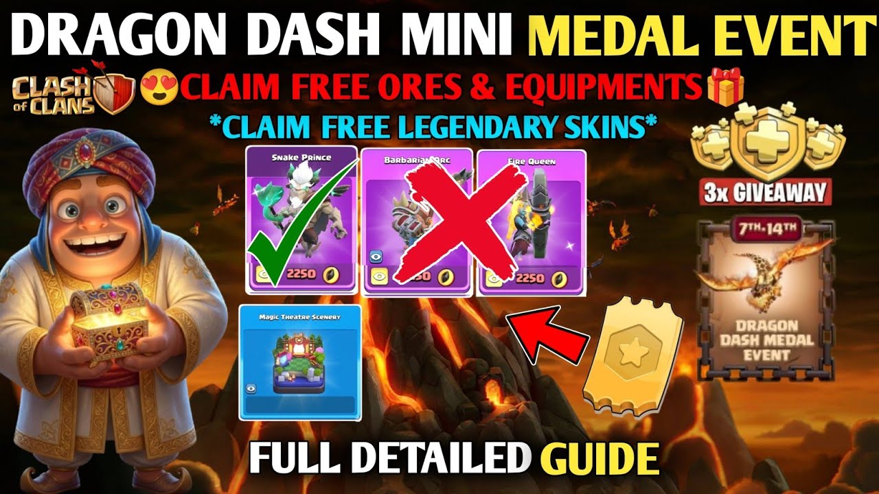 🚨CLAIM FREE HERO SKIN & DECO IN DRAGON DASH MINI MEDAL EVENT Clash Of Clans- Free Ores & Rewards!✅