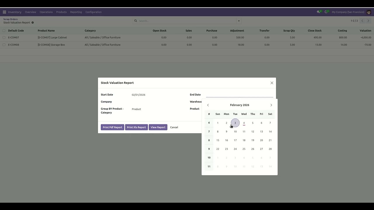 Inventory Valuation Report - Scrap Column In PDF,XLS & View Reports Odoo V17