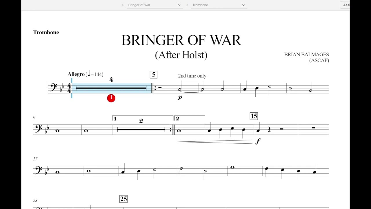 Bringer of War (Brian Balmages) Trombone, Baritone B.C., Bassoon Play Along