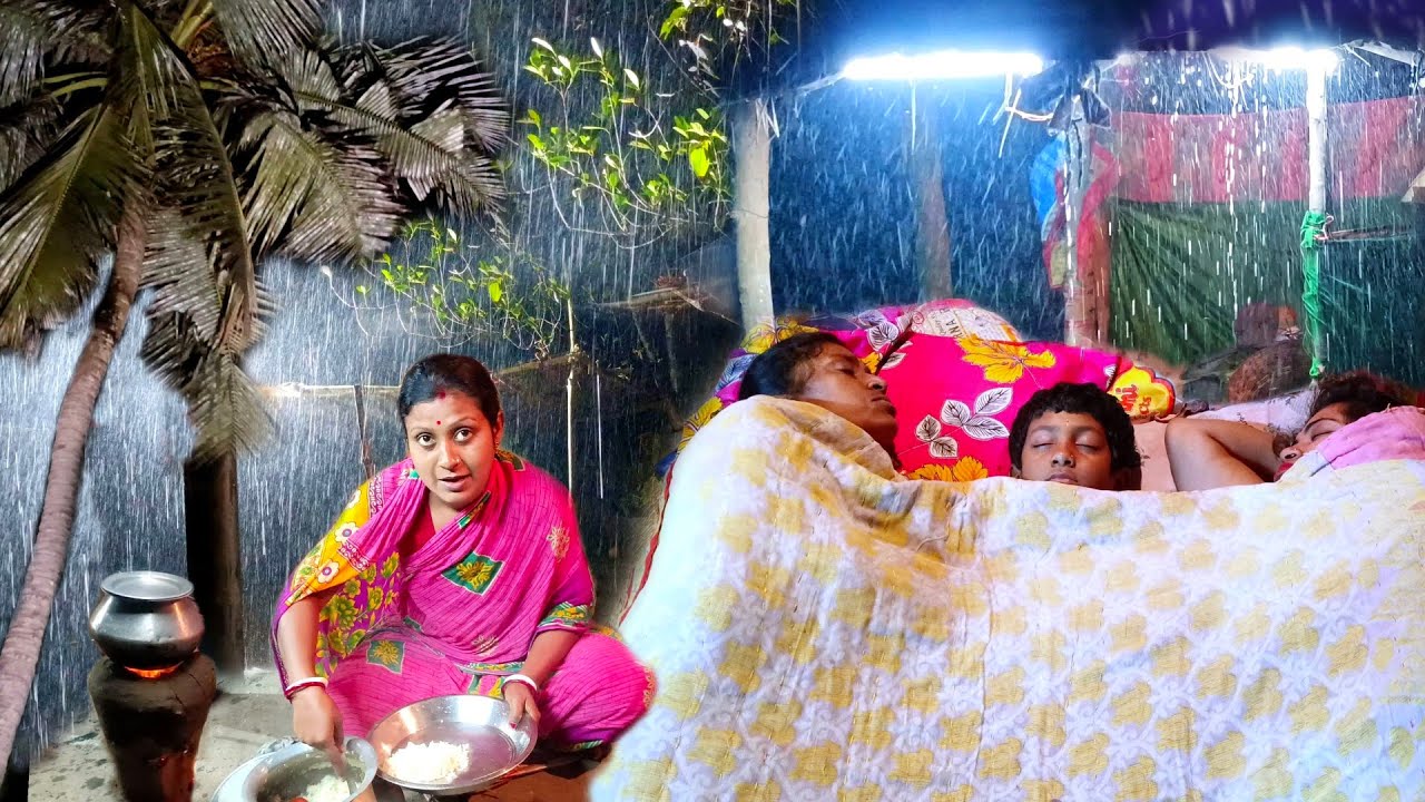 Village Life - A Rainy Night Routine In My Village। Village In Rain। Cooking In Rain Hot Rice, Omlet