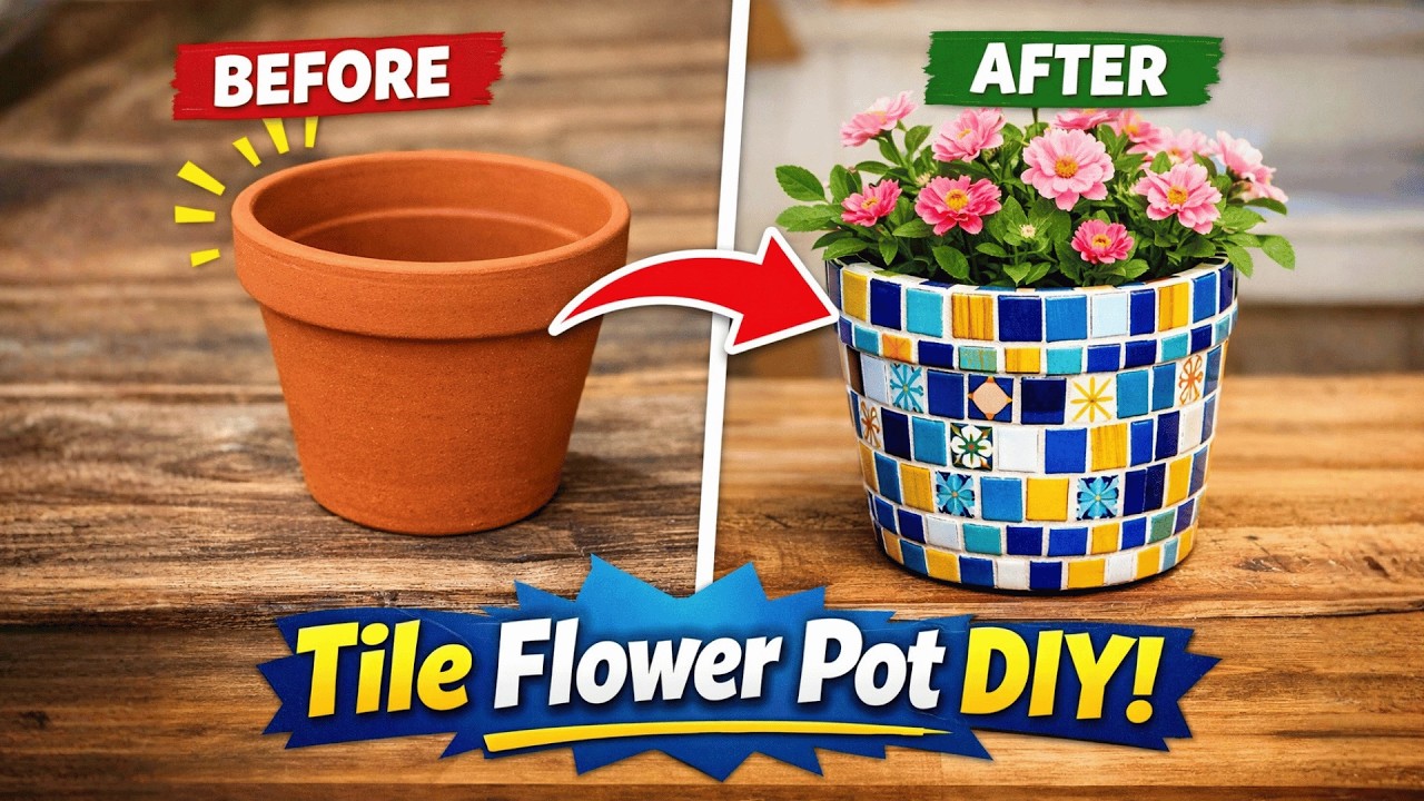 How to Make a Beautiful Flower Pot with Tiles ｜ DIY Tile Pot Making at Home