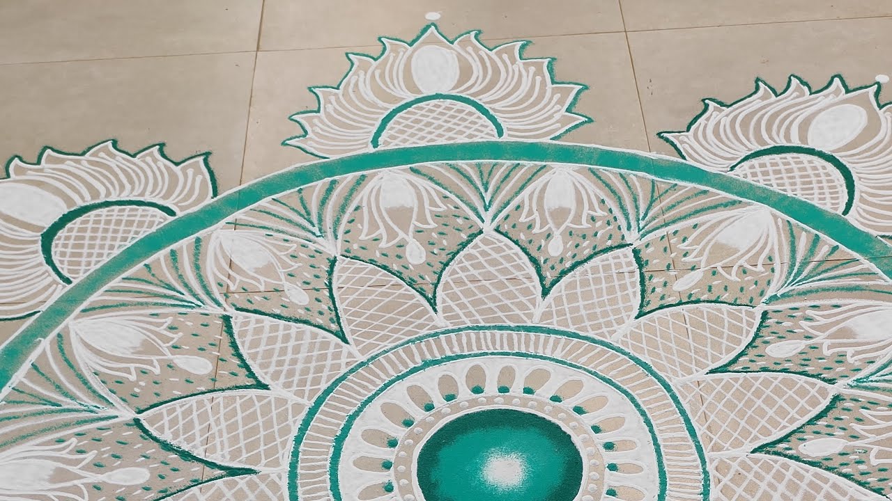 💚 Elegant Green & White Rangoli Design | Floral Circular Kolam for Festive Decor ✨