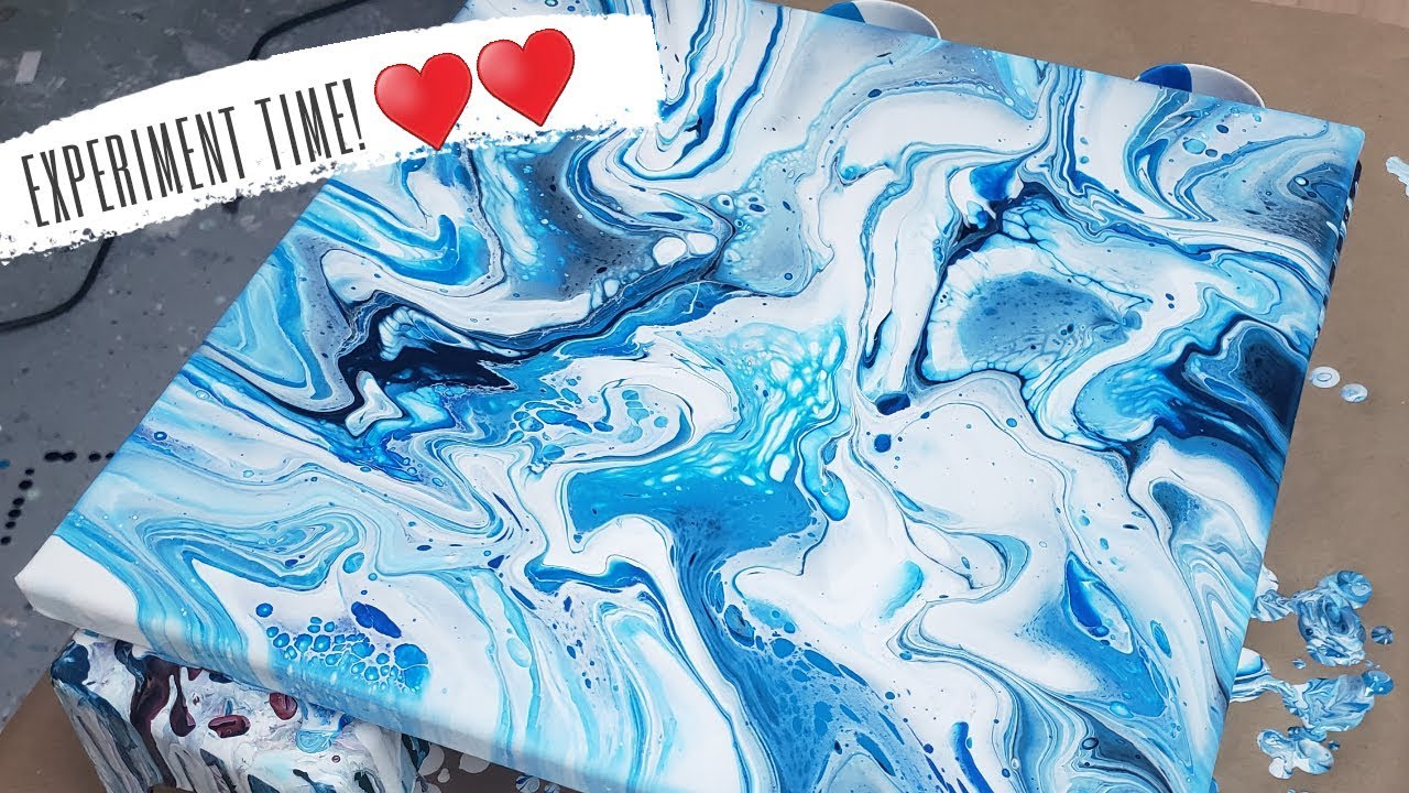 Acrylic pouring puddle pour air swipe experiment! Blue fluid acrylic paint abstract art on canvas