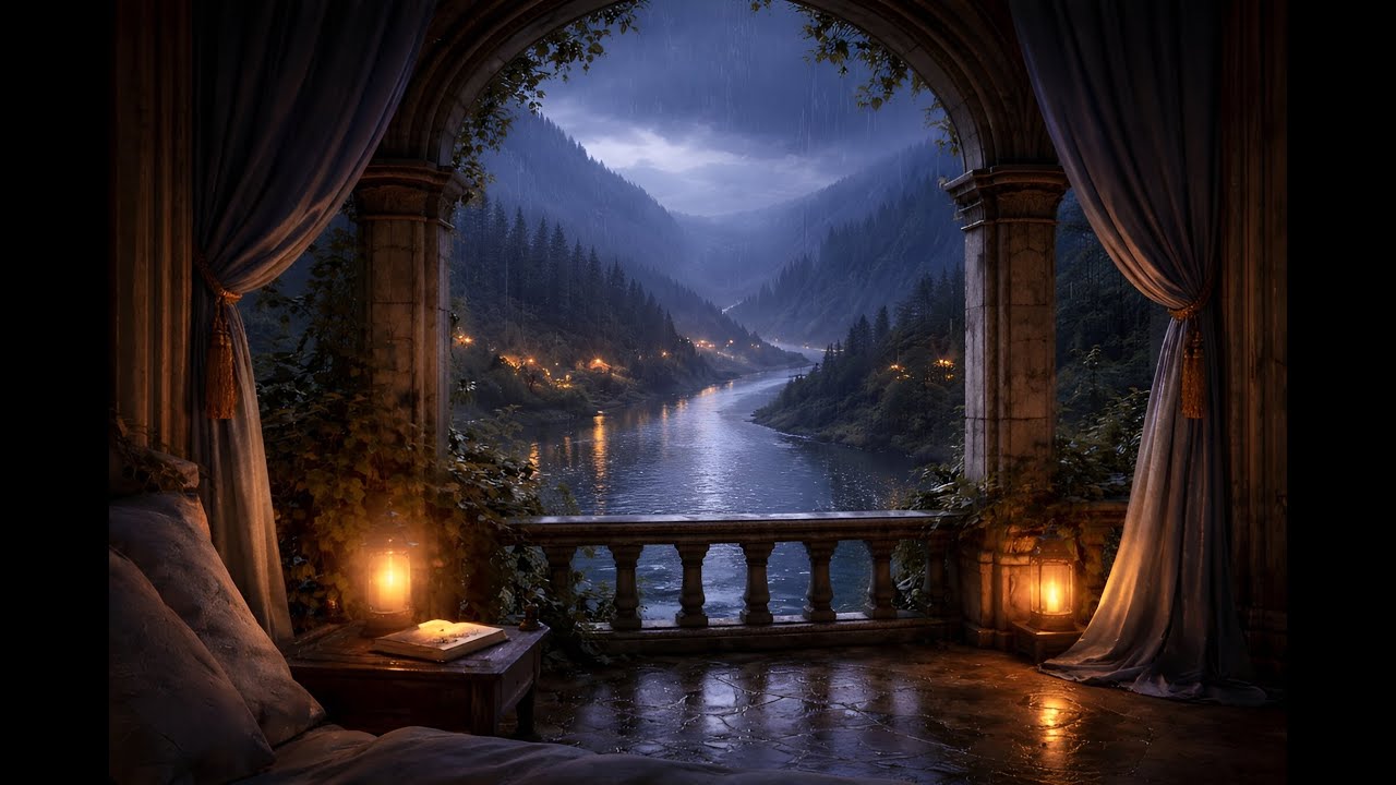 Rainy Fantasy Window Ambience | Night River View & Soft Rain Sounds (2 Hours)