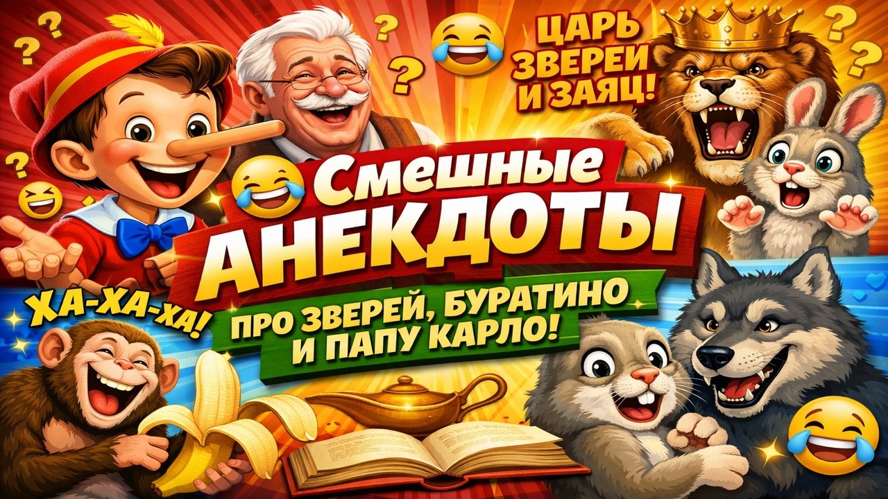 😂 Смешные  анекдоты про Зверей, про Буратино и папу Карло, по Царя Зверей и Зайца, про Волка
