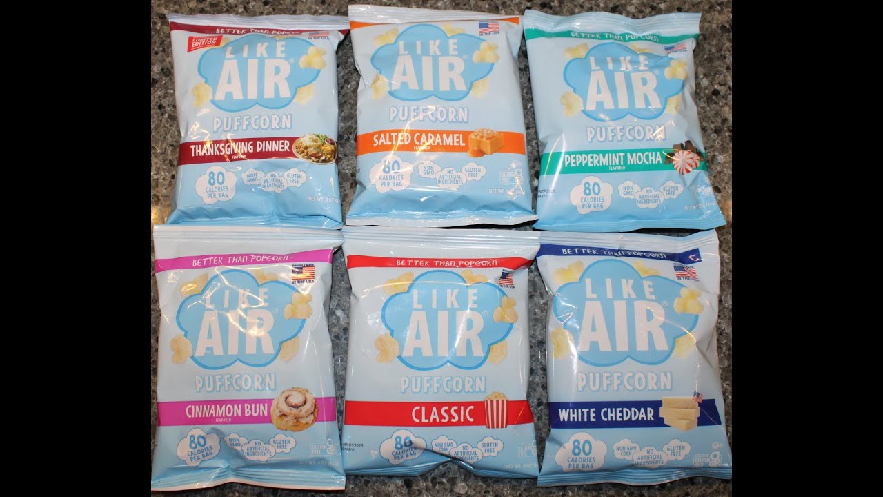 Like Air Puffcorn Thanksgiving Dinner, Caramel, Peppermint Mocha, Cinnamon, Classic, White Cheddar