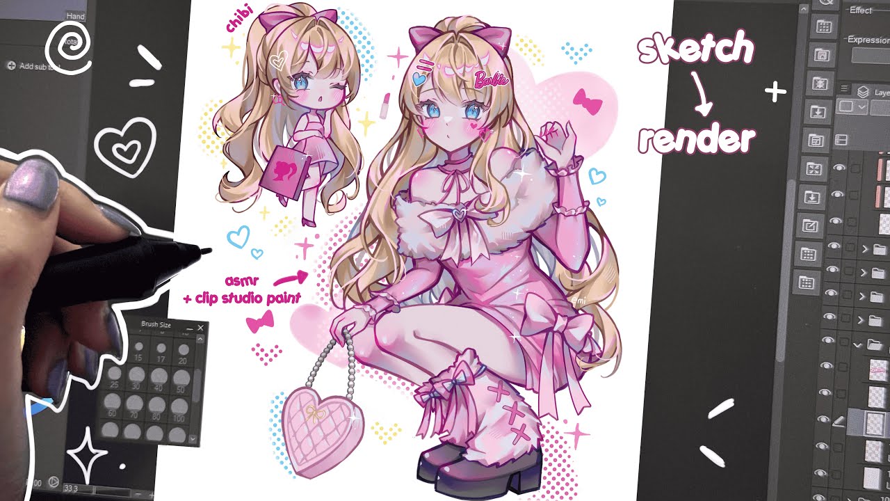 ⋆˚꩜｡Draw with me ♡🌷♡ sketch to render, cute character design || Clip Studio Paint