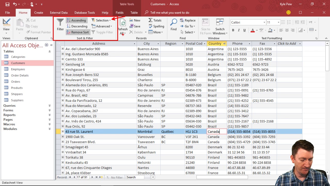Microsoft Access Perform Filters in Tables