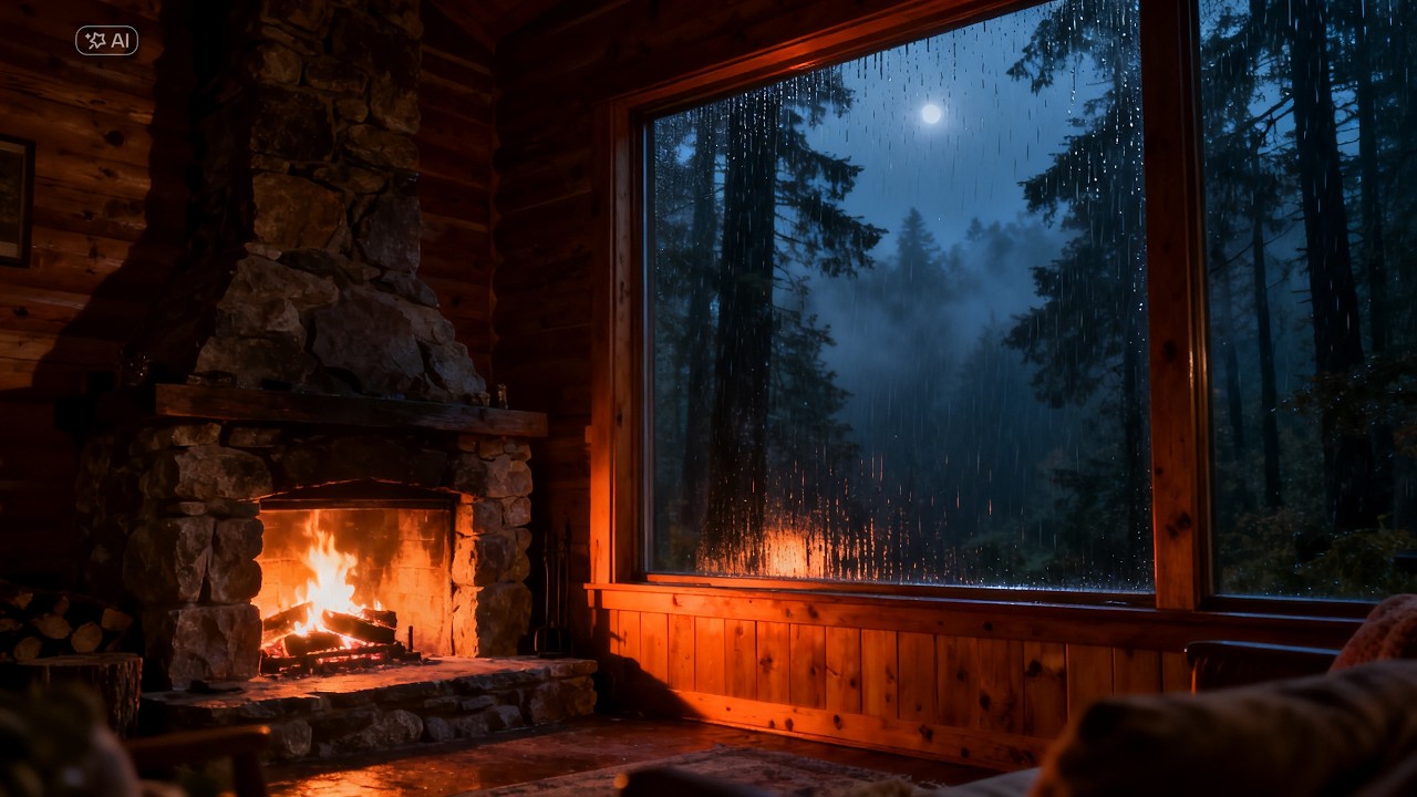 10 Hours Forest Rain & Crackling Fireplace 🔥 | Cozy Cabin