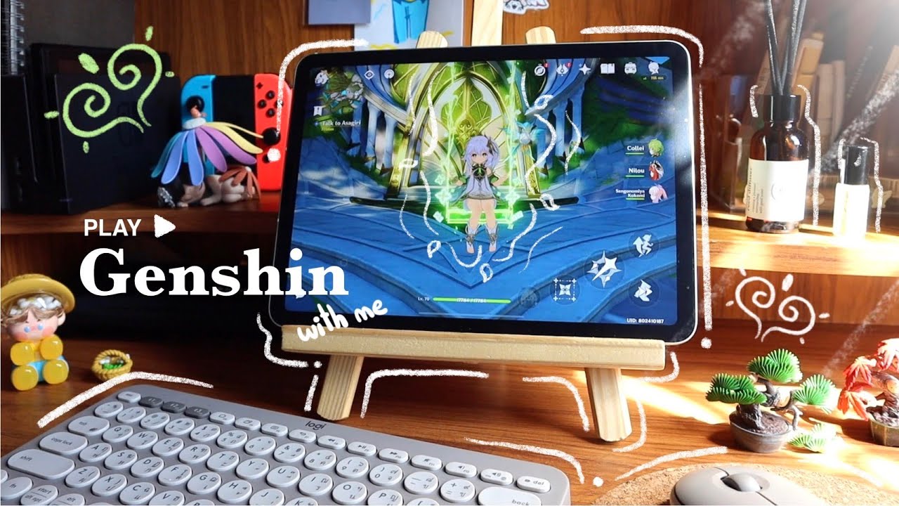 🍃 desk setup & playing genshin with keyboard on ipad | 1hr of gameplay with nahida (jp dub)