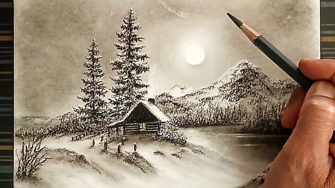 Step by step landscape scenery drawing with pencil easy.