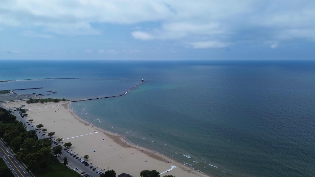 Ludington Beach, Michigan (north and south) and harbor mouth drone footage