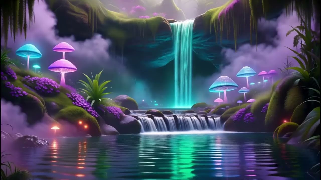 Glowing Fantasy Waterfall 💧✨ Relaxing Water Sounds & Calm Instrumental Music for Deep Sleep