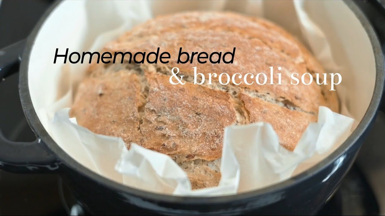 Homemade bread and broccoli & mushroom soup.