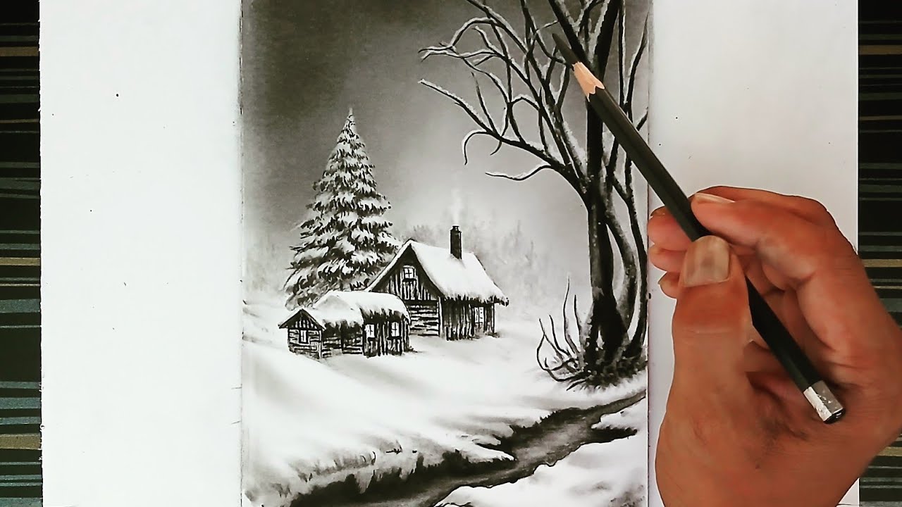 How to draw winter house landscape by pencil with easy ways.