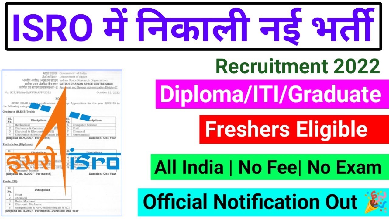 ISRO recruitment 2022/Diploma jobs 2022/Graduate/ITI/Freshers job/No Exam/No Fee/ISRO/Job Vacancy