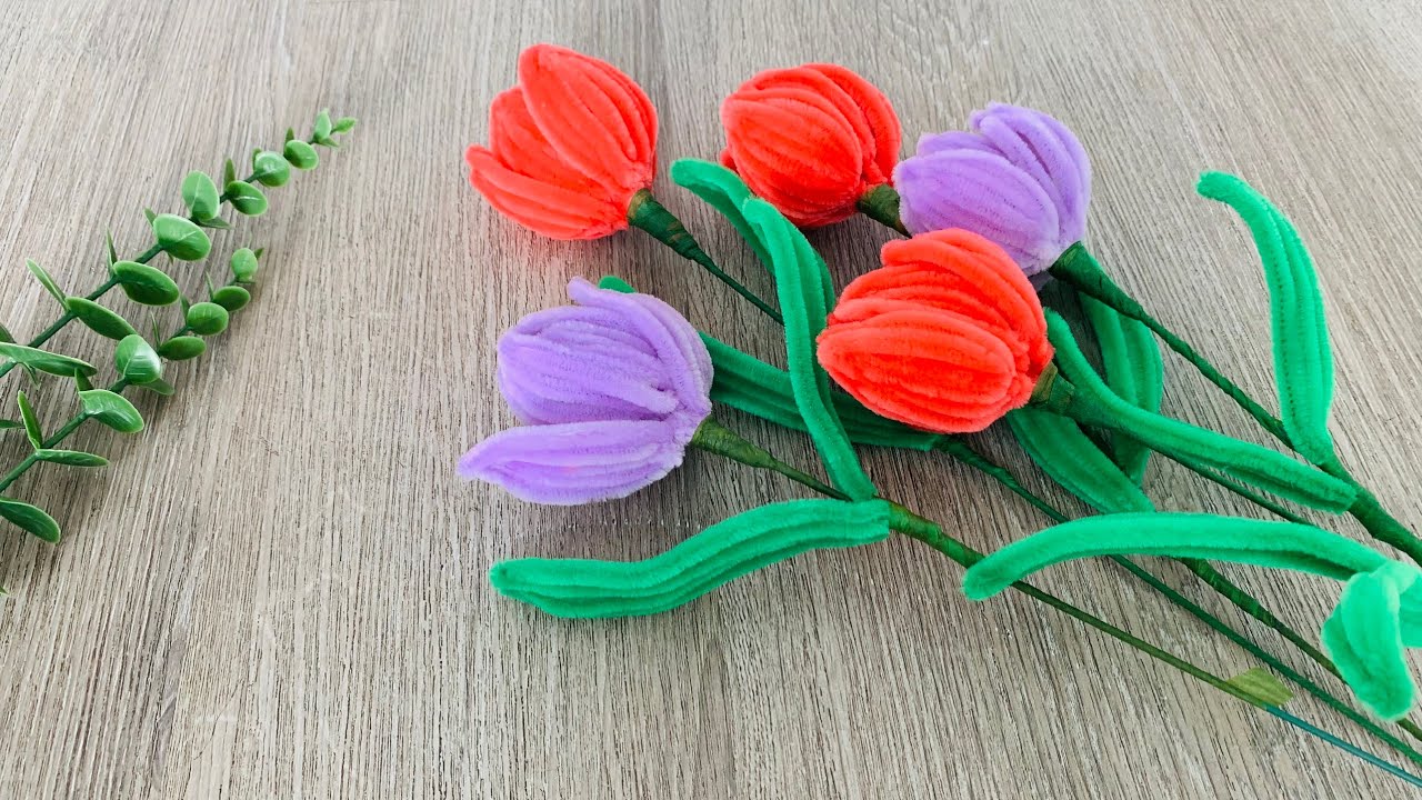 DIY-Tulpen aus Chenilledraht | Chenille-Schnurblumen | DIY-Pfeifenreinigungsblumen | DIY Geschenke