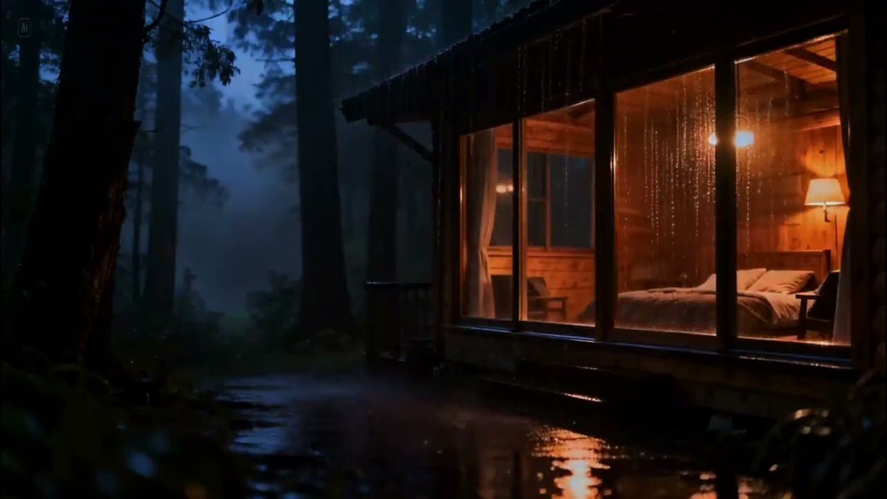 3 Hours Cozy Cabin Rain (Night) + Gentle Jazz Piano (No Talking) | Unwind & Sleep  (Part 5)