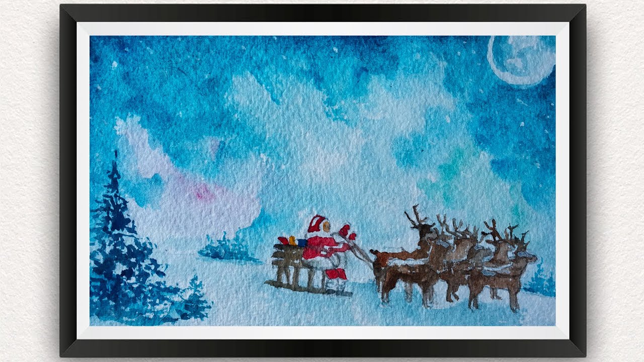 WATERCOLOR CHRISTMAS PAINTING, HOW TO DRAW SANTA CLAUS SLEIGH REINDEERS, CHRISTMAS DRAWING TUTORIALS