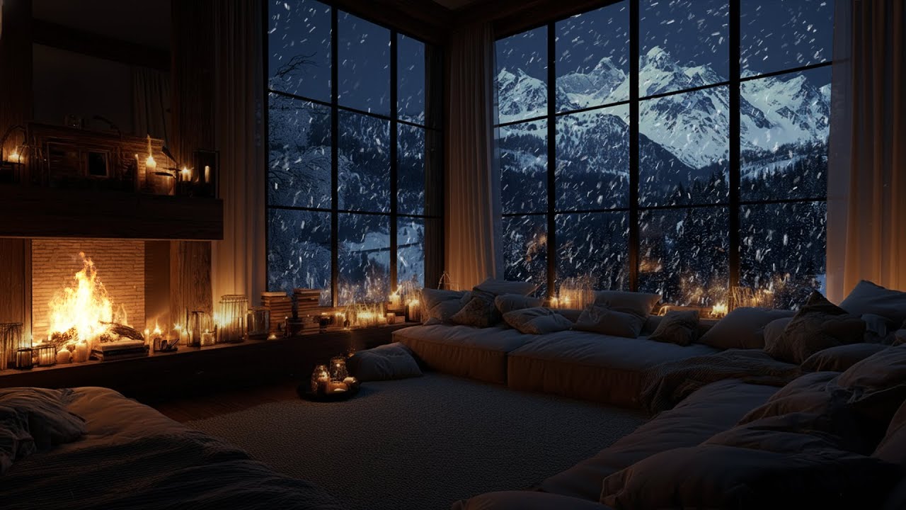 Soft Snow Drifting Gently Around Firelight Glow ❄️ A Still Winter Atmosphere for Focus