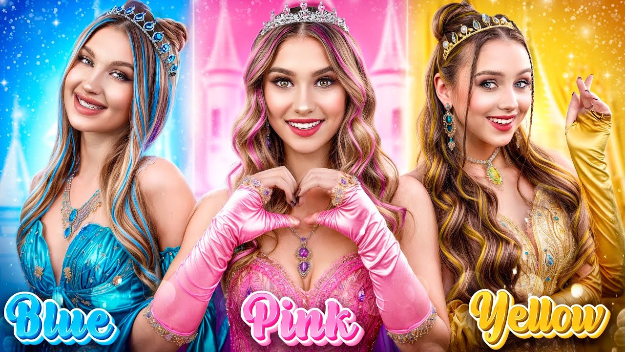 Roze vs Geel vs Blauw Meisje! Koninklijke Kleuren Challenge voor Prinsessen