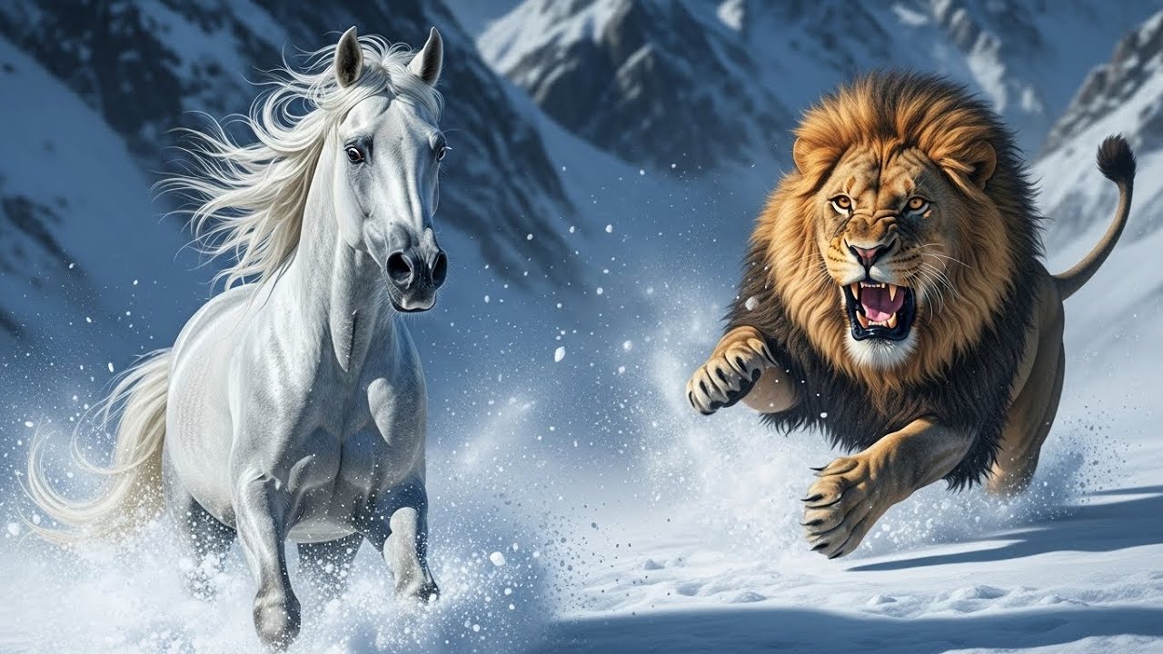 White Arabian Horse Chased by a Lion in the Snowy Mountains (4K)