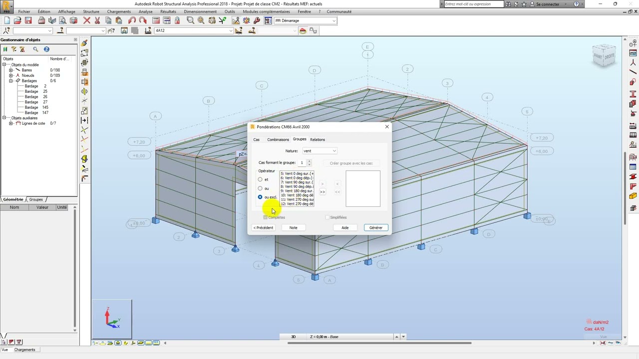 Projet complet hangar métallique sur Robot | Modélisation | 12 Combinaisons de charges