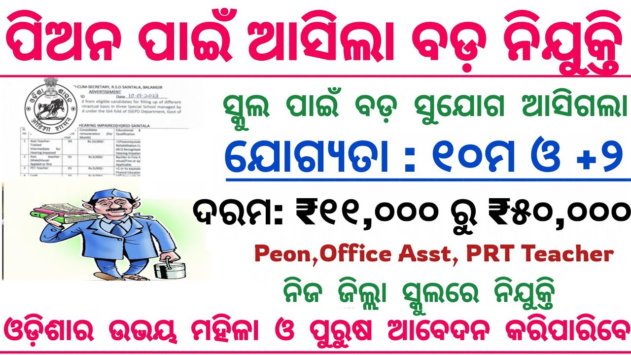 School Peon Recruitment 2026 ! Odisha New Govt Job Vacancy ! Apply Online For Various Posts