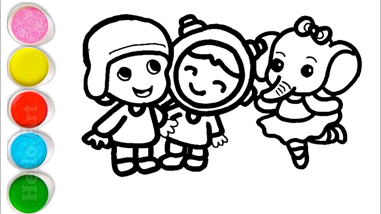 Cute Pocoyo With Nina and Elephant Drawing, Painting and Coloring For Kids and Toddlers_ Kids Art