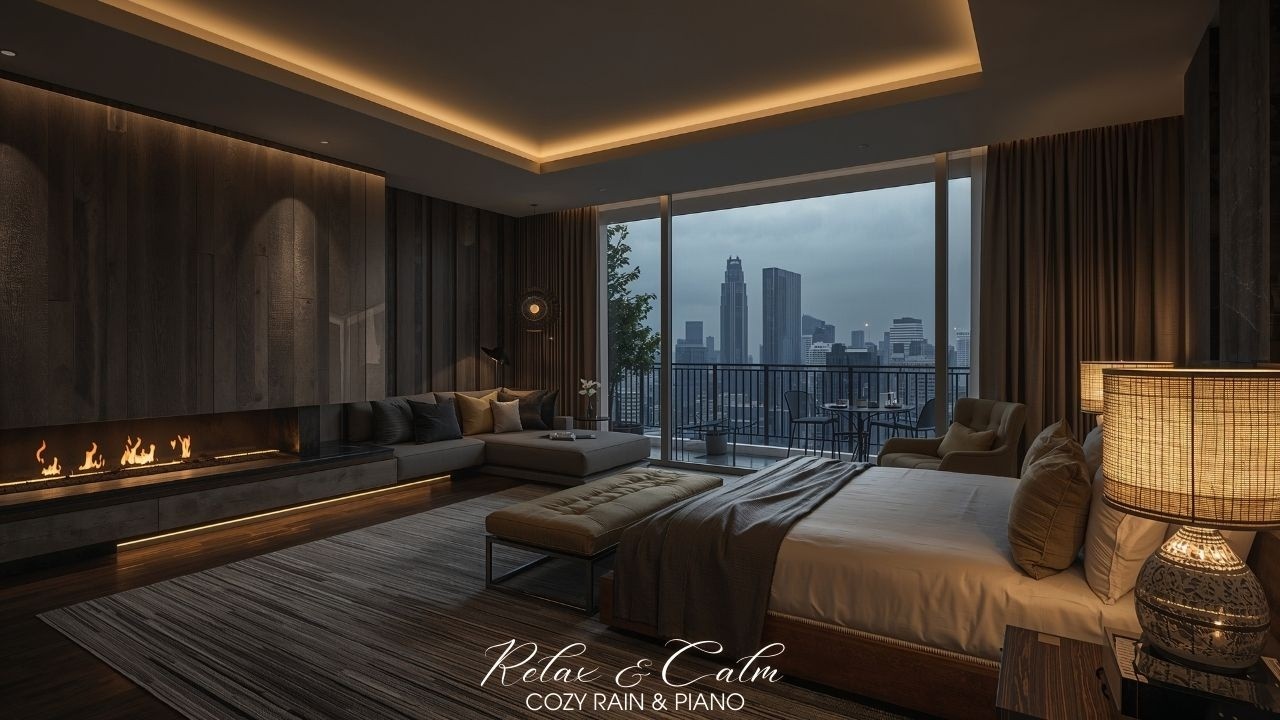 Modern Luxury Rain & Soft Piano 🌧️🎹 | Cozy Fireplace Apartment | Deep Sleep 24/7