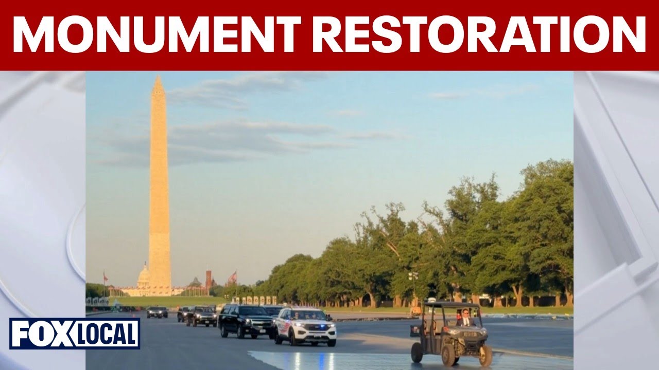 Дональд Трамп проезжает мимо отражающего бассейна мемориала Линкольна во время реставрации.