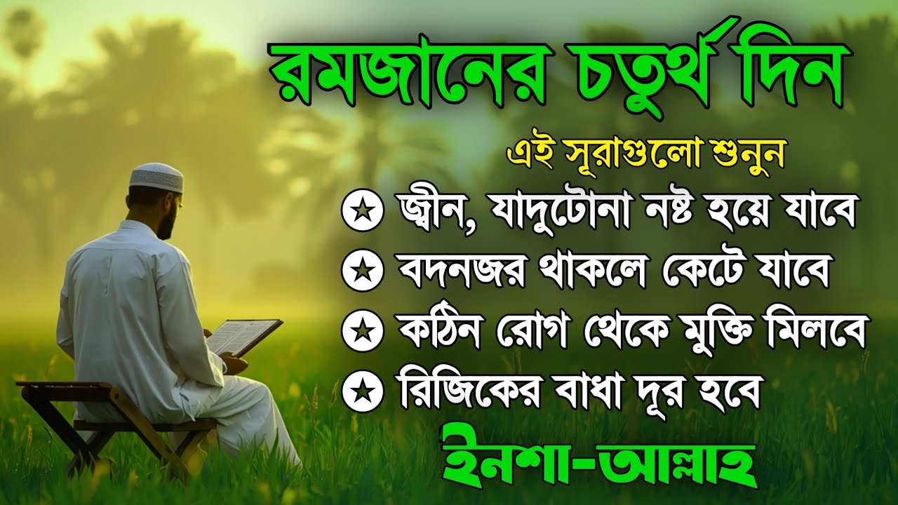 আজ পবিত্র রমজানের ৪র্থ দিন । জীন, ভুত, রোগ, দুশ্চিন্তা, বদনজর, রিজিকের বাধা দুর হবে ইনশাআল্লাহ ।