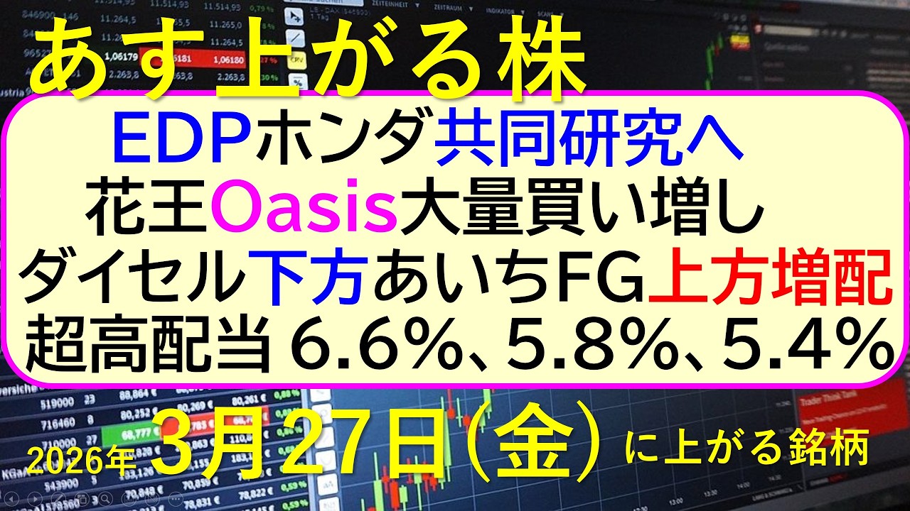 EDPホンダ共同研究へ。花王Oasis大量買い増し。ダイセル下方。あいちFG上方増配。超高配当３件～あす上がる株　2026年３月２７日（金）に上がる銘柄。最新の日本株情報。高配当株の株価やデイトレ情報