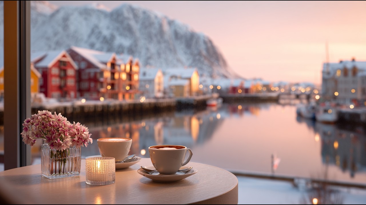 Relaxing Piano & Coffee at Scandinavian Harbor Sunrise ❄️ | Café Ambience | Coffee & Keys
