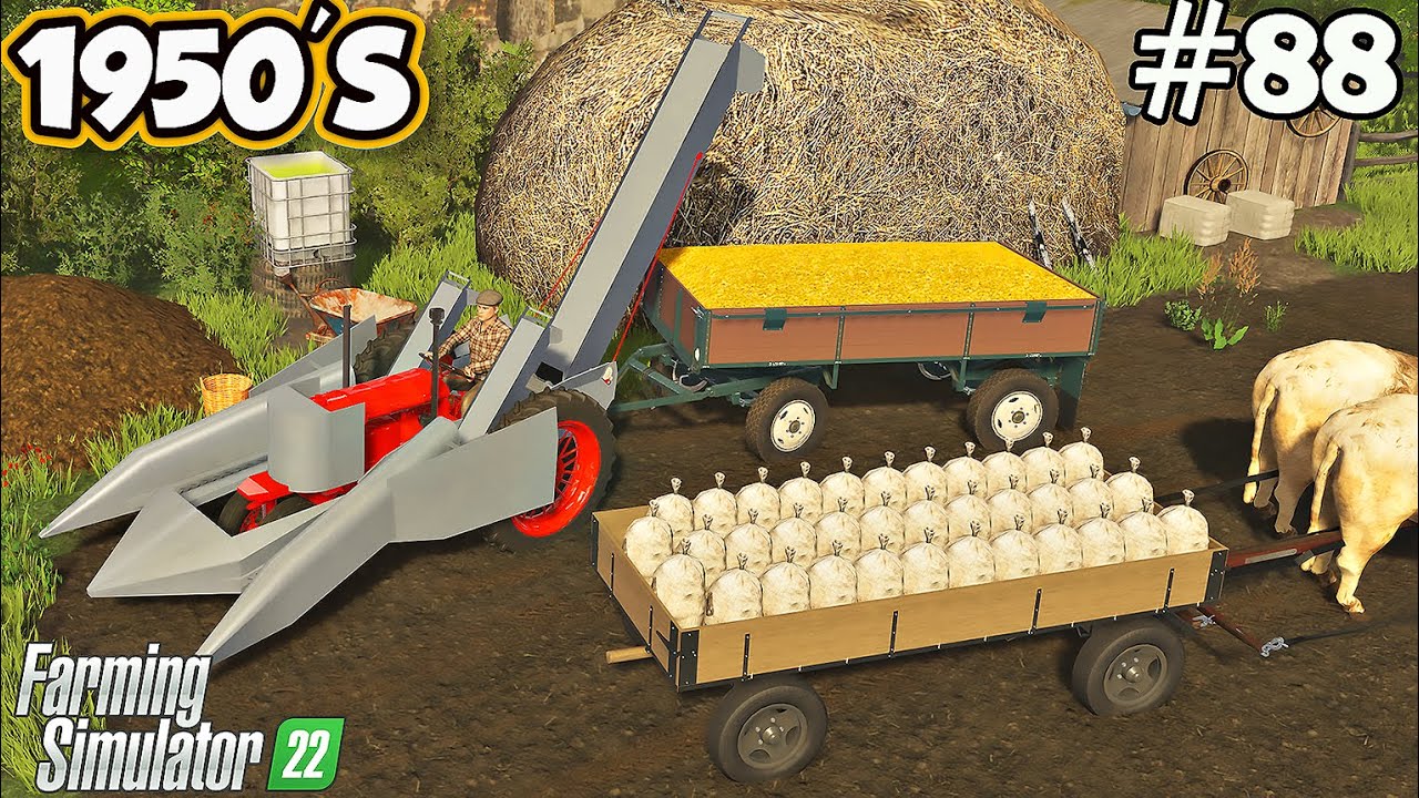 1950'S. CORN HARVEST. Bagging potatoes. Baling hay. Farming simulator 22. FS 22. Timelapse. Ep 88