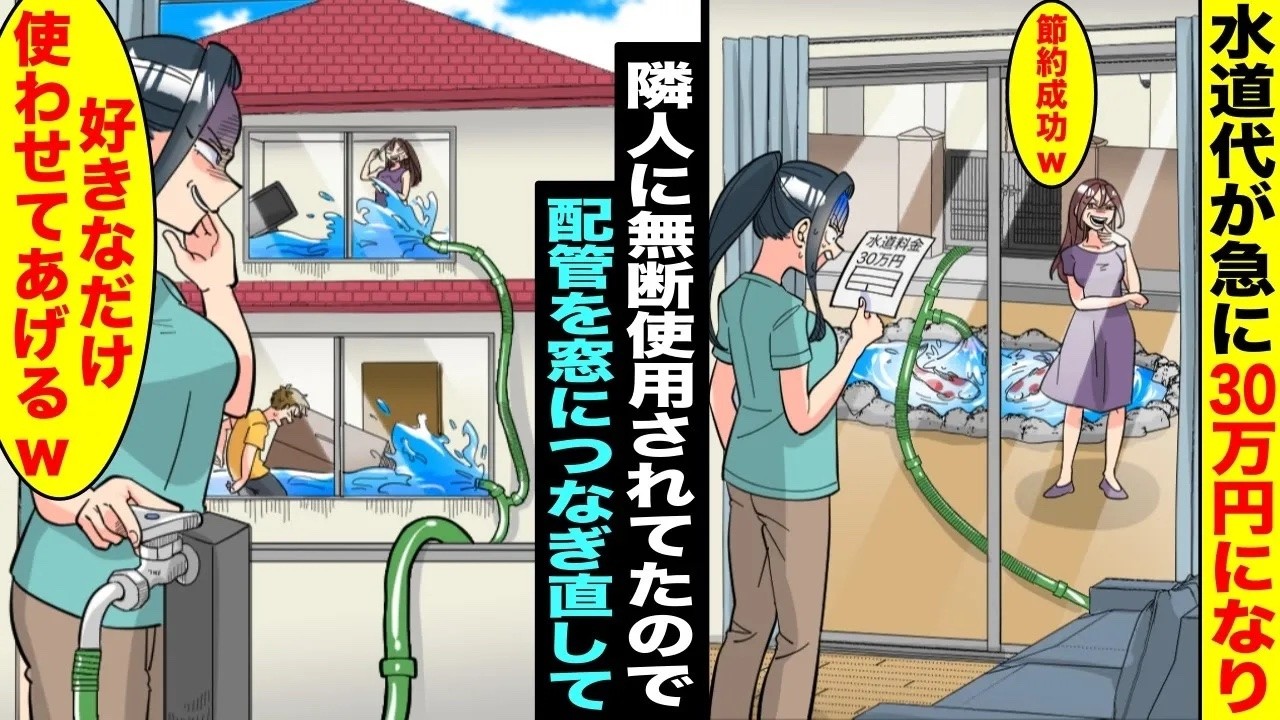【漫画】水道代が急に30万円になったので調べたら隣人の家にホースが繋がっていて勝手に水を使われていた…ムカついたので隣の家の全ての窓にホースを差し込んで大量の水を家の中に噴射してやった結果www