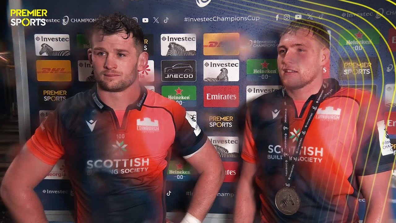 Liam McConnell and Magnus Bradbury react after Edinburgh's win against Toulon